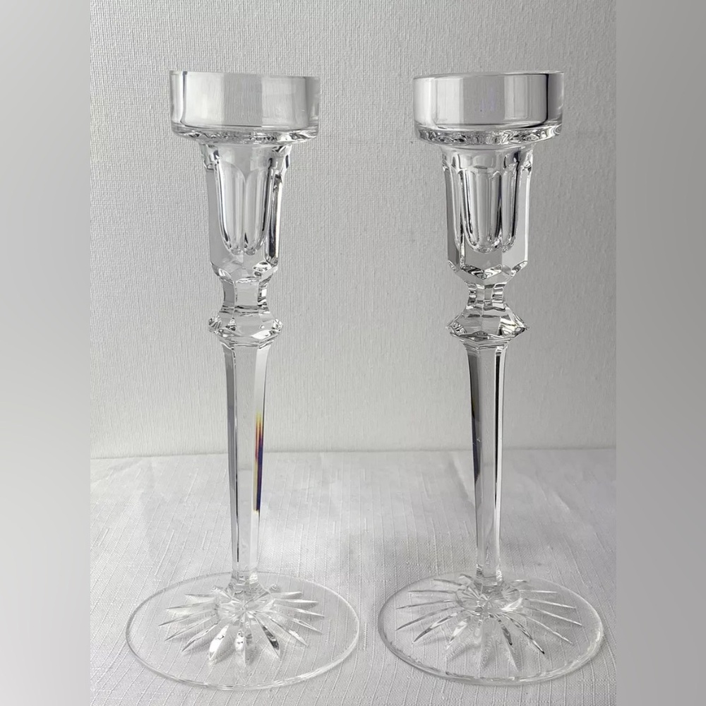 Pair of Waterford Fine Crystal Candlestick Holders 9” T